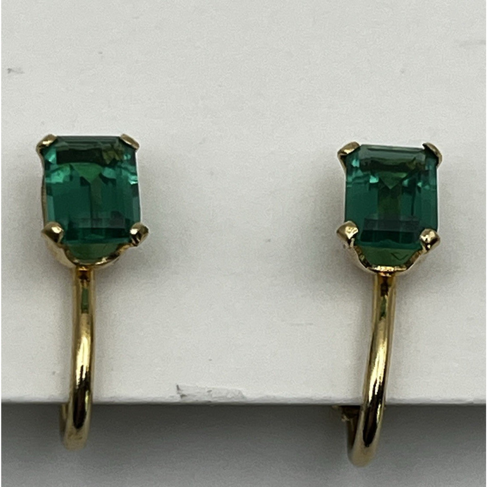 14K Gold Filled Emerald Cut Green Crystal Clip On Earrings Minimalist Quiet Luxe
